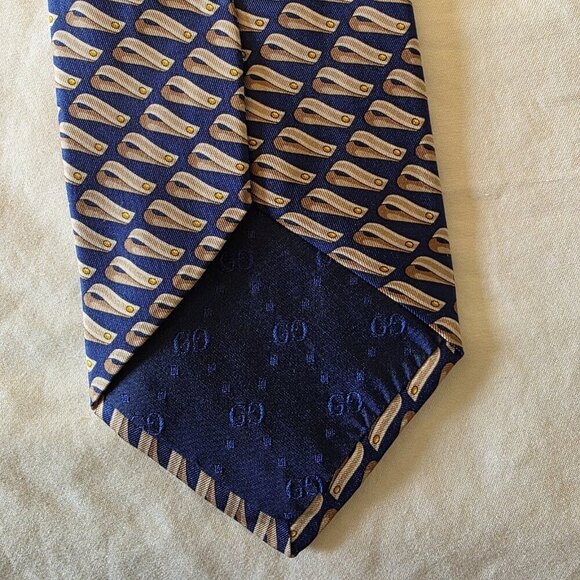 Gucci 100% Silk Men’s Tie Blue Beige Gold Abstract Pattern Made in Italy Vintage - Picture 11 of 12